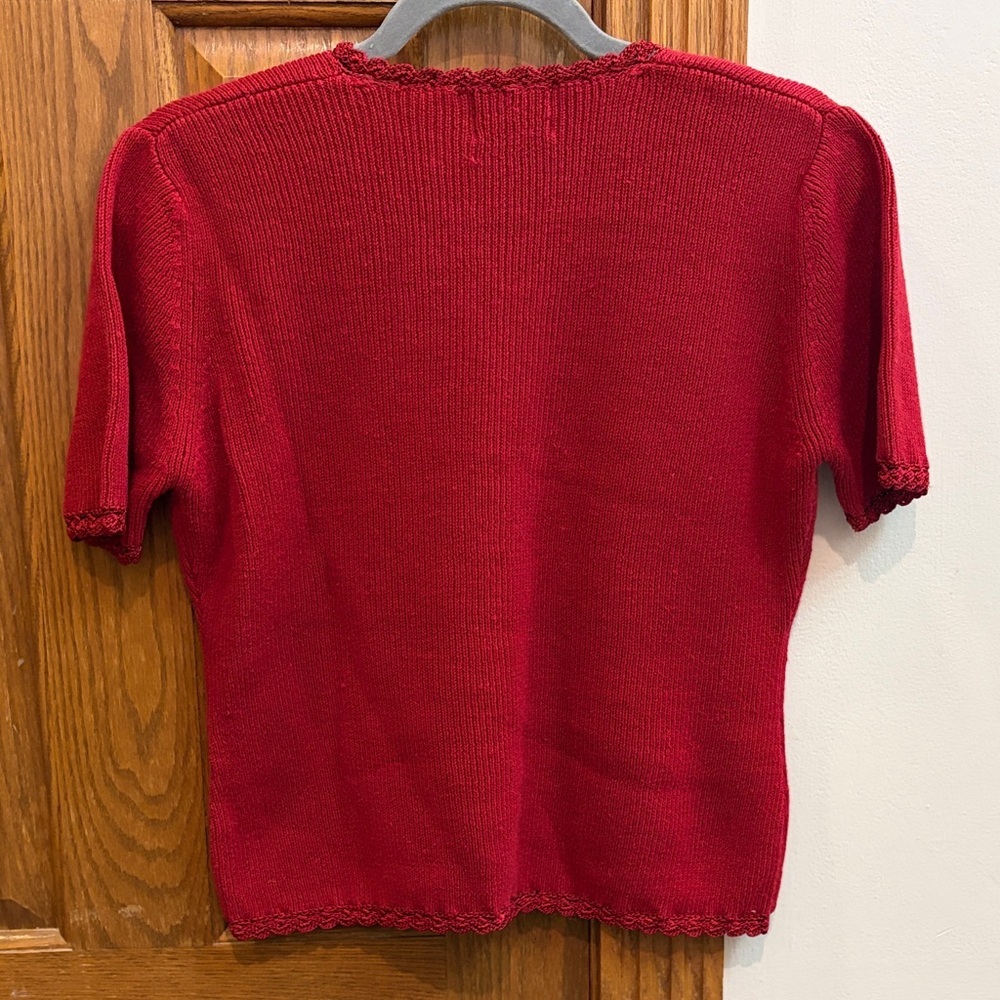 Vintage Cherry Red Cotton Blend Cardigan Medium Crochet Detail Cottagecore Boho - Picture 6 of 7